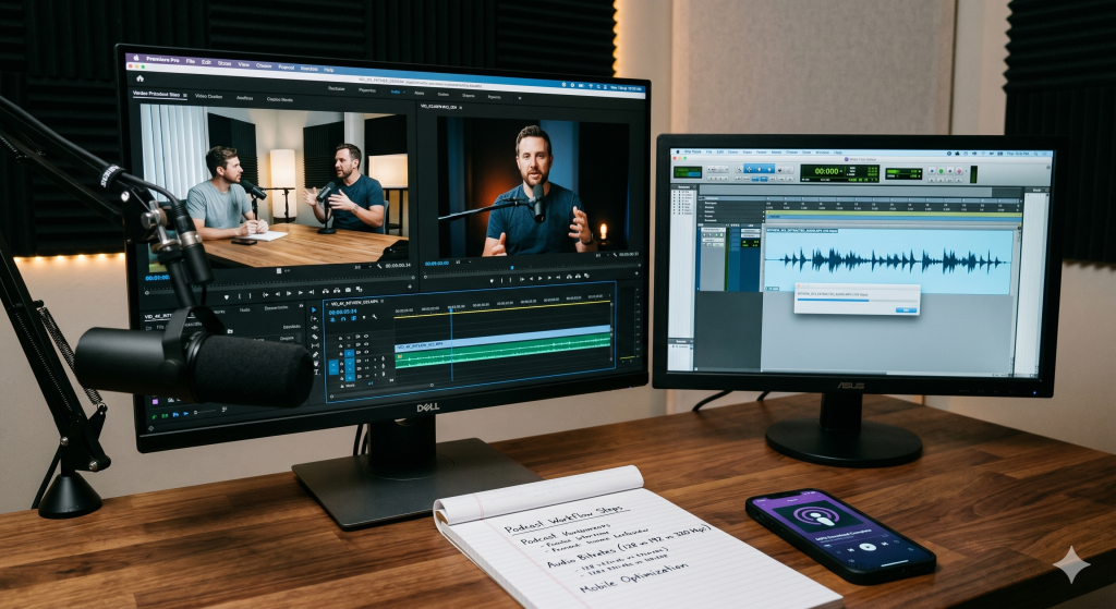 Dual monitor editing workspace showing a video podcast timeline being converted into an audio waveform on a digital audio workstation.